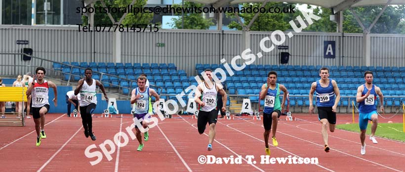 360 Elliott Hurley (City of Sheffield) wins from 390 Reece Sims (Derby AC) 2nd and Jack Hepple (Morpeth) 3rd in the under-20 mens 100 metres, Northern Senior and Under-20 Champs., Sport City, Manchester. Photo: David T. Hewitson/Sports for All Pics